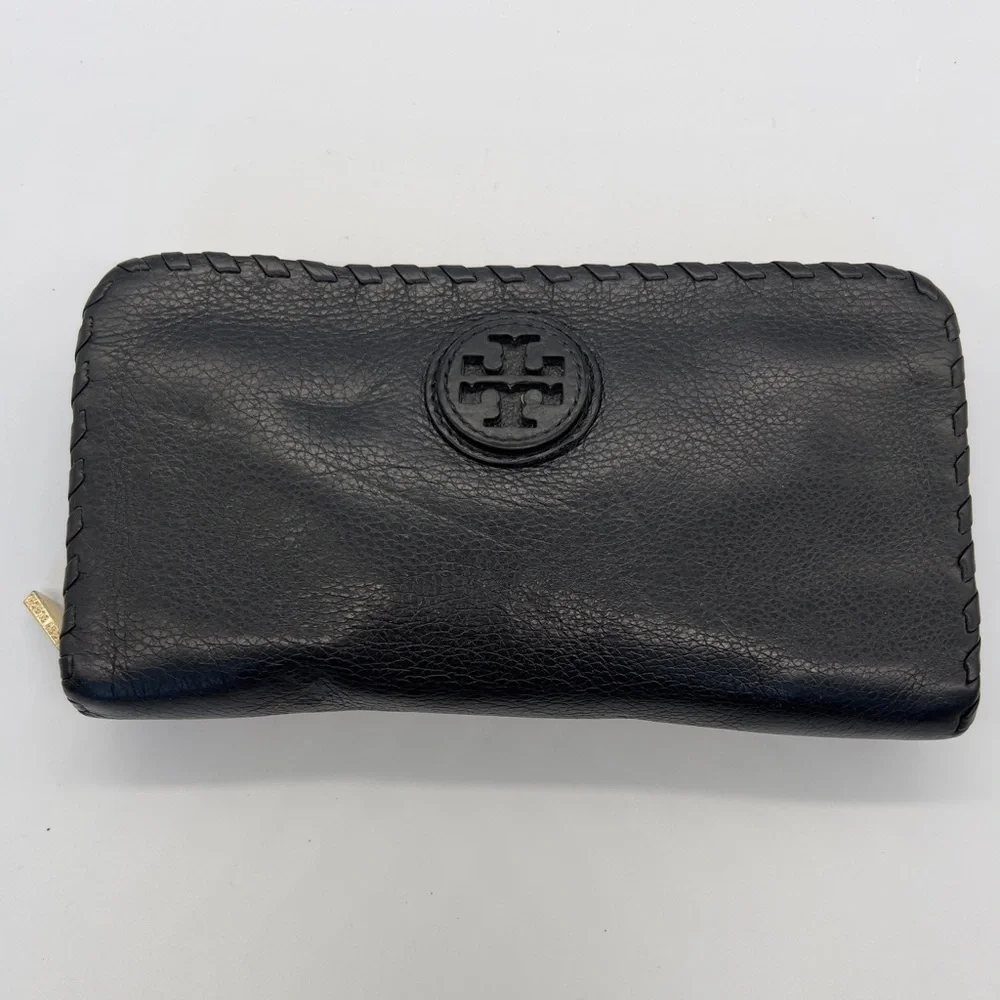 Tory Burch Black Leather Zip-Around Wallet with Whipstitch Detail